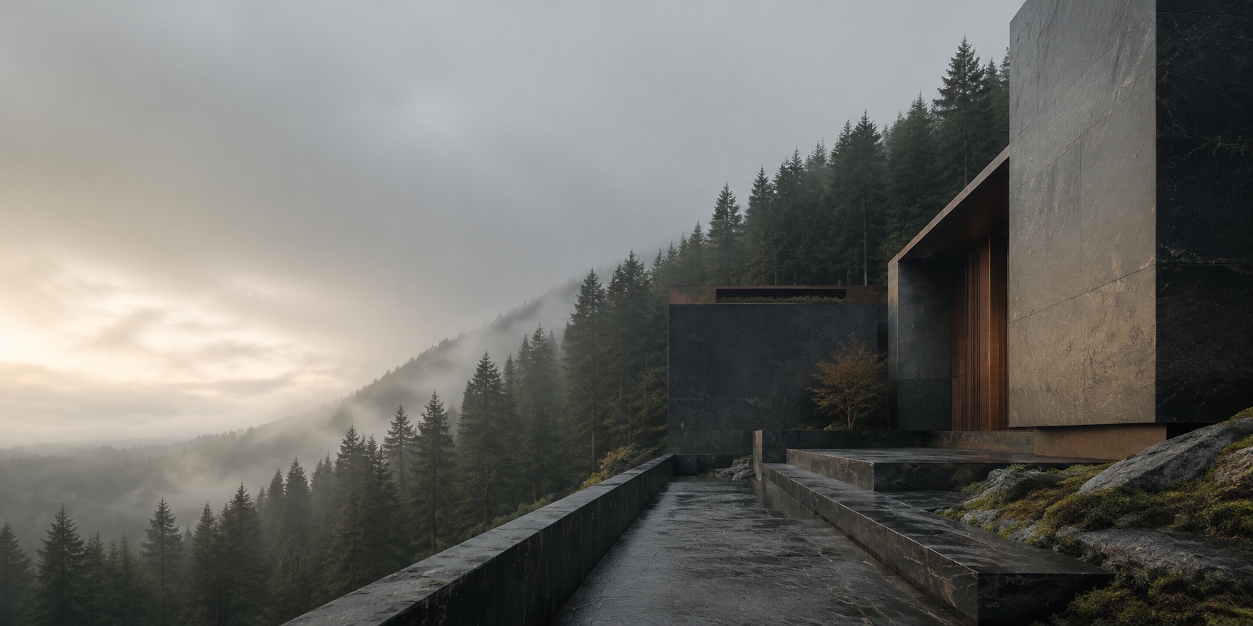 Stone architecture set within an evergreen forest